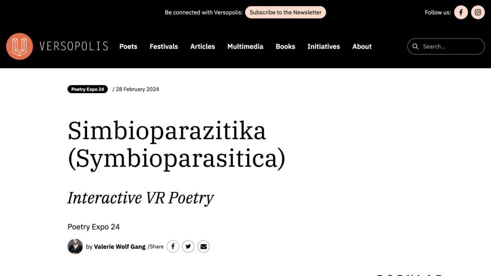 Versopolis page for Valerie Wolf Gang’s interactive VR poetry project Symbioparasitica