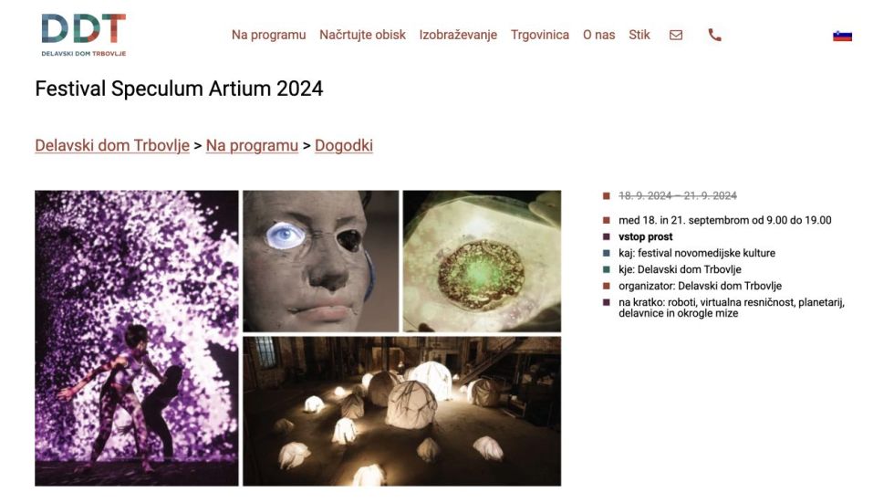 Delavski dom Trbovlje page for Festival Speculum Artium 2024 with festival image collage and dates