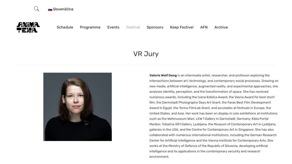 Animateka 2025 VR Jury page featuring Valerie Wolf Gang’s portrait and biography