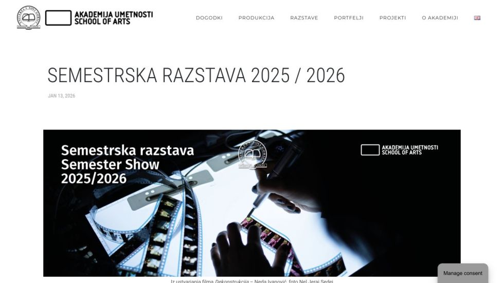 University of Nova Gorica School of Arts page for the Semester Show 2025/26