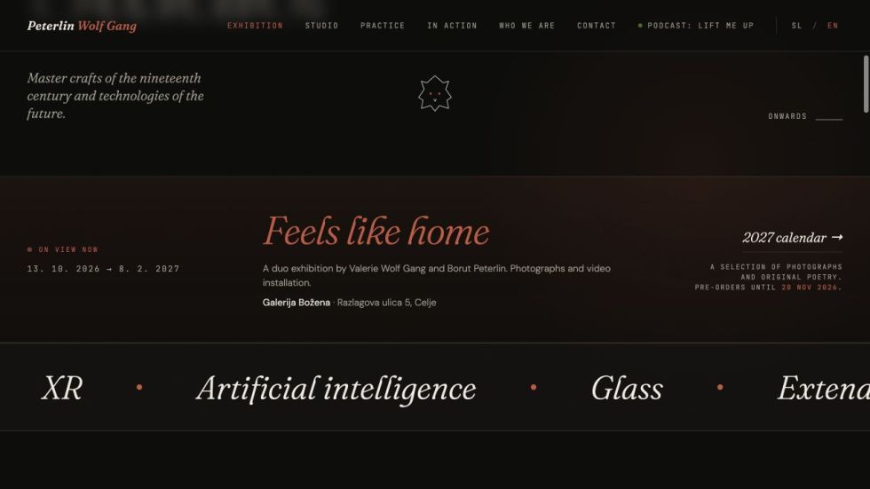 Peterlin Wolf Gang Studio page announcing the duo exhibition Feels Like Home at Galerija Božena